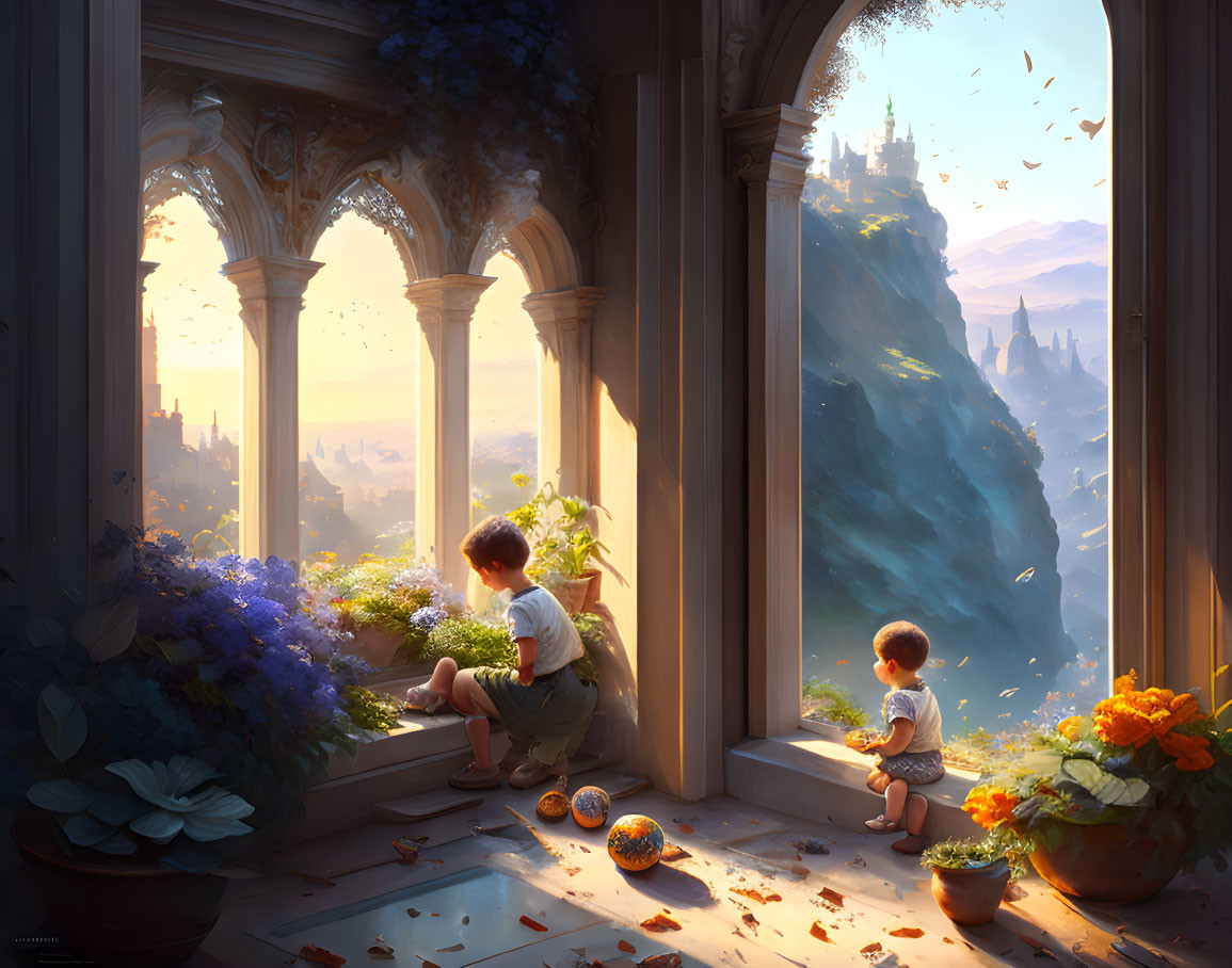 Children on ornate balcony overlooking fantasy landscape