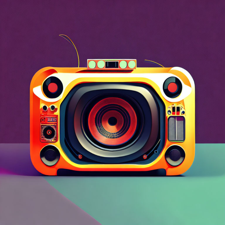 Vintage Orange Boombox with Colorful Sound Wave Pattern on Purple Teal Background