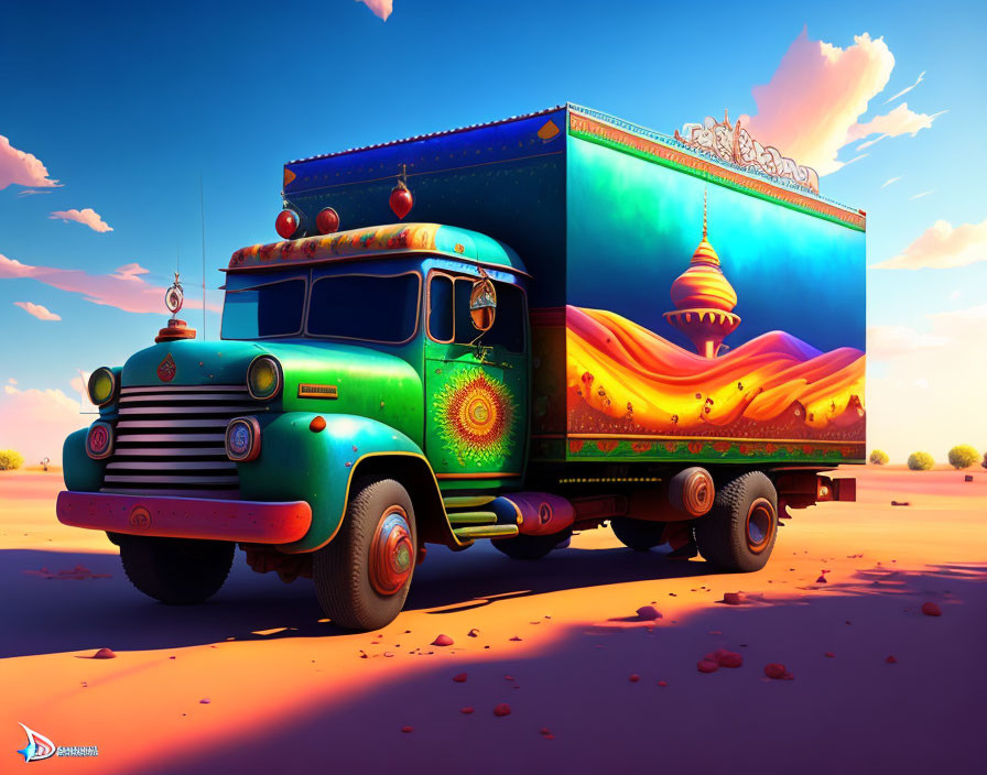 Colorful Truck with Intricate Patterns in Desert Landscape