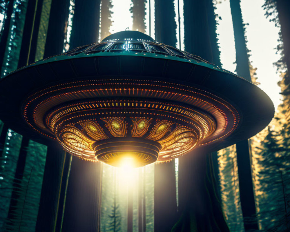 Intricate UFO with glowing lights in misty forest with bright beam among trees