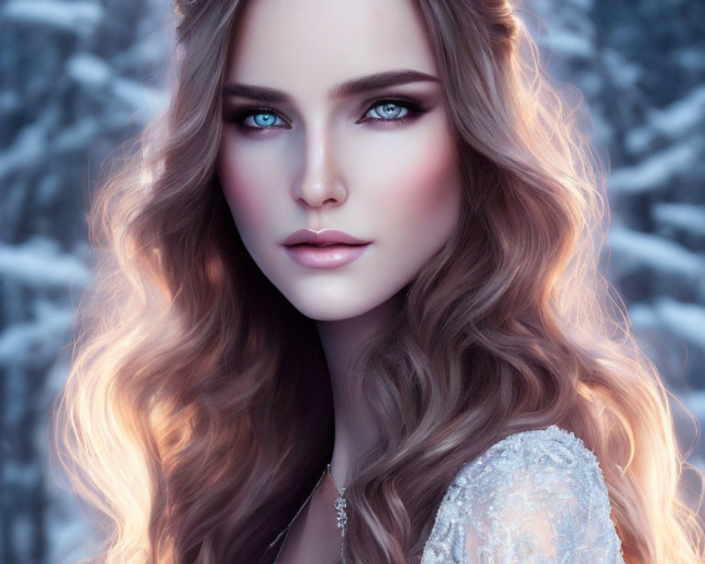 Blue-eyed woman with wavy hair and tiara on frosty blue backdrop