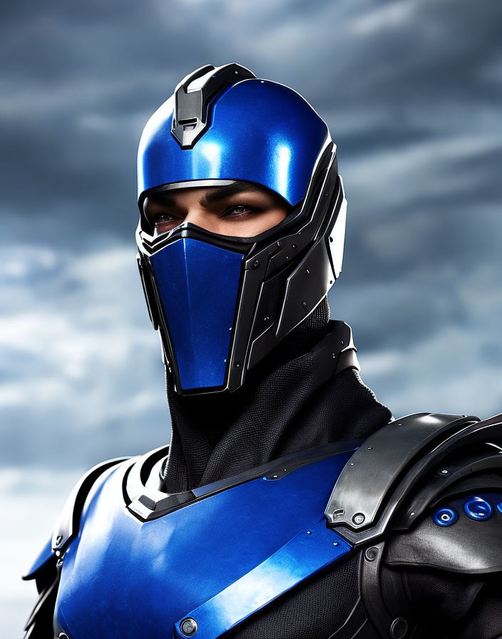 Futuristic blue and black helmet and armor on cloudy sky background