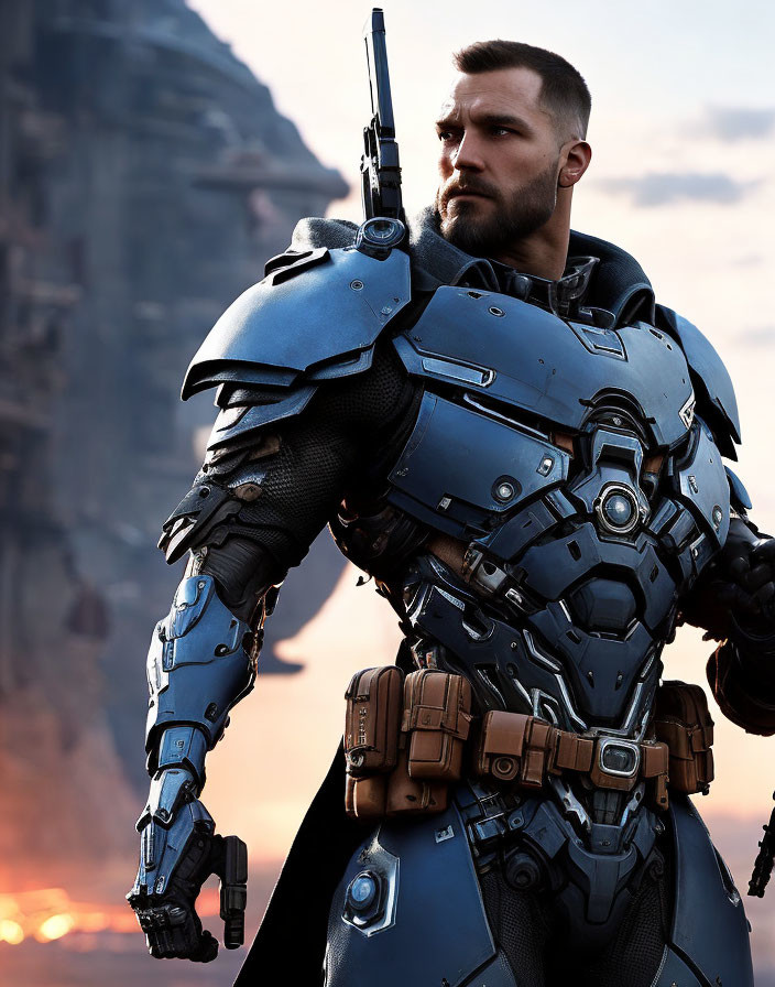 Bearded man in futuristic blue armor with mechanical arm in rocky landscape at dusk