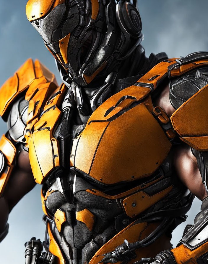 Detailed Close-Up of Person in Elaborate Black and Orange Robotic Armor