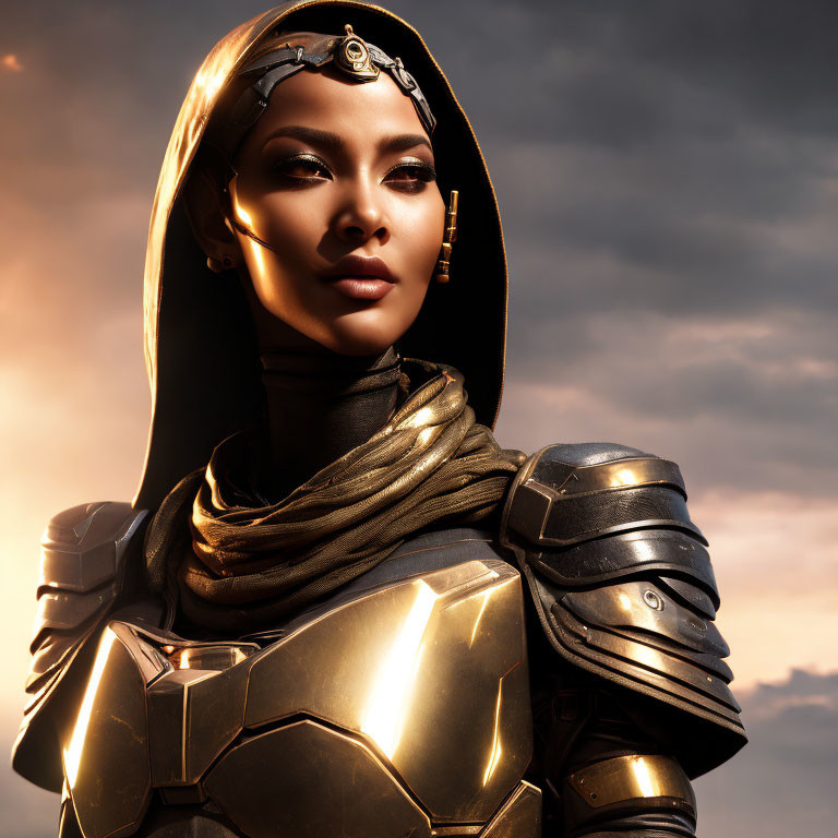 Futuristic armor-clad woman with hood in dramatic sky scene