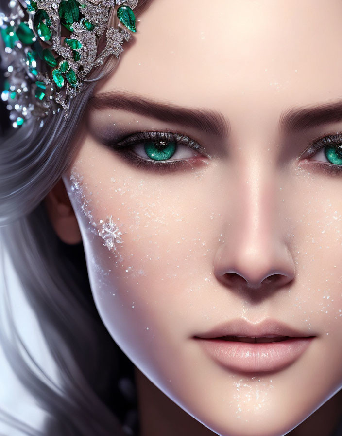 Fantasy character with green eyes, snowflake details, jewel tiara