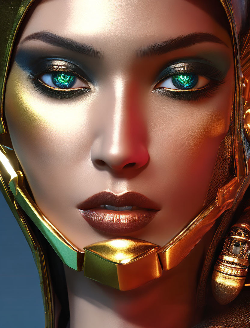 Person with Metallic Gold Headwear and Striking Blue Eyes in Futuristic Makeup