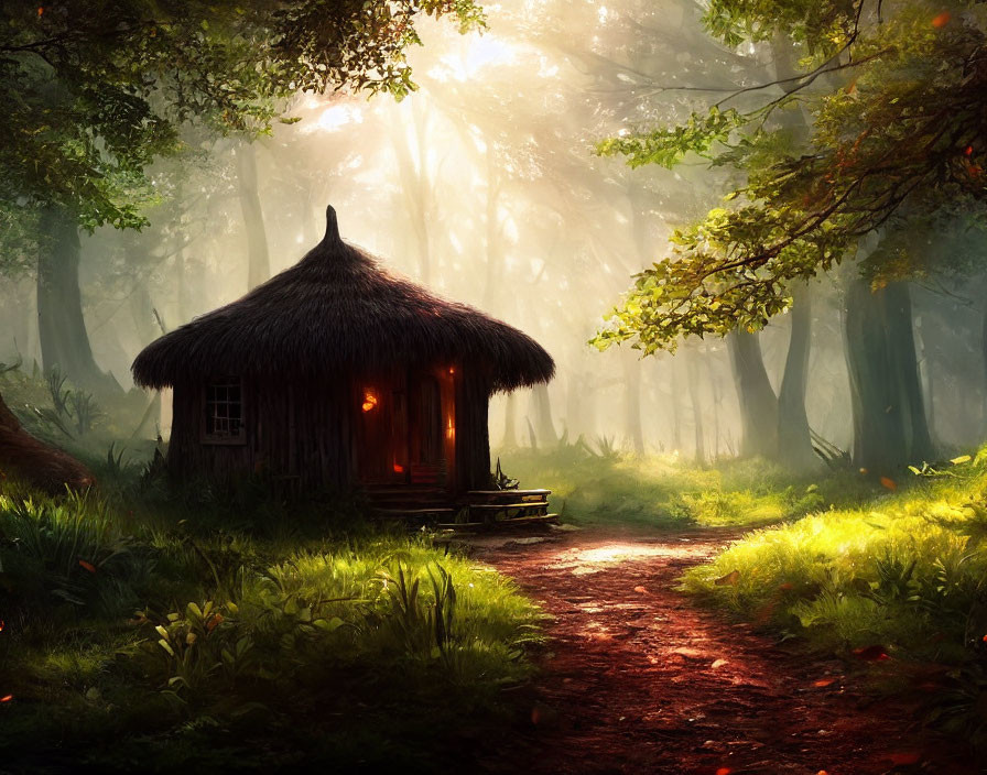 Thatched-roof hut in mystical forest with warm glow