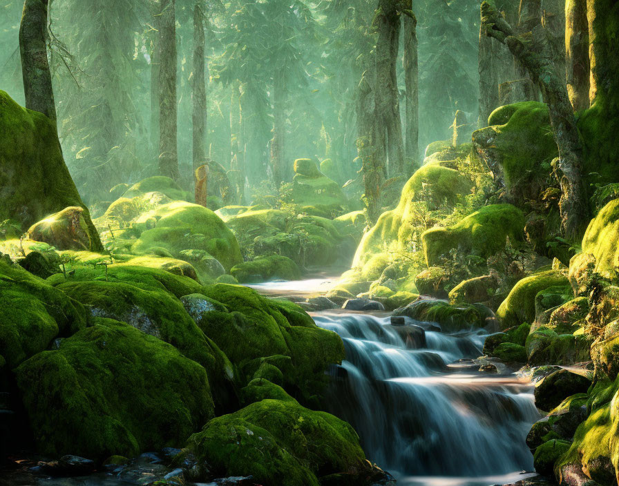 Tranquil forest scene with moss-covered rocks and sunlight filtering through canopy