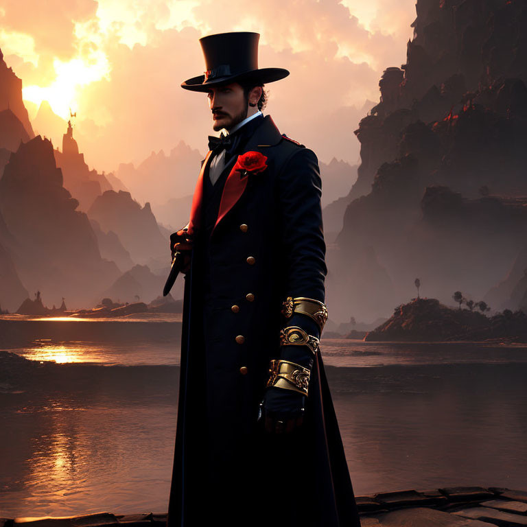 Victorian man in top hat with red rose against sunset and rocky backdrop