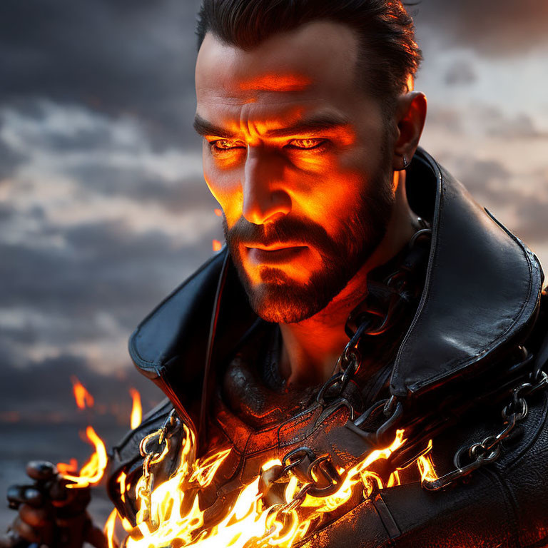 Bearded man in leather armor emits flames against twilight sky