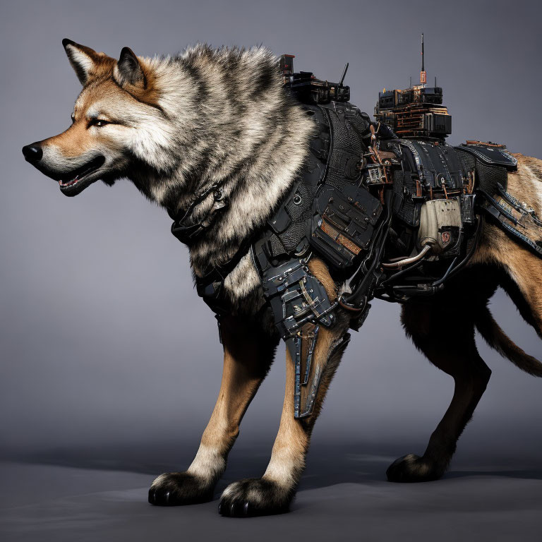 Large dog in futuristic urban harness against grey backdrop