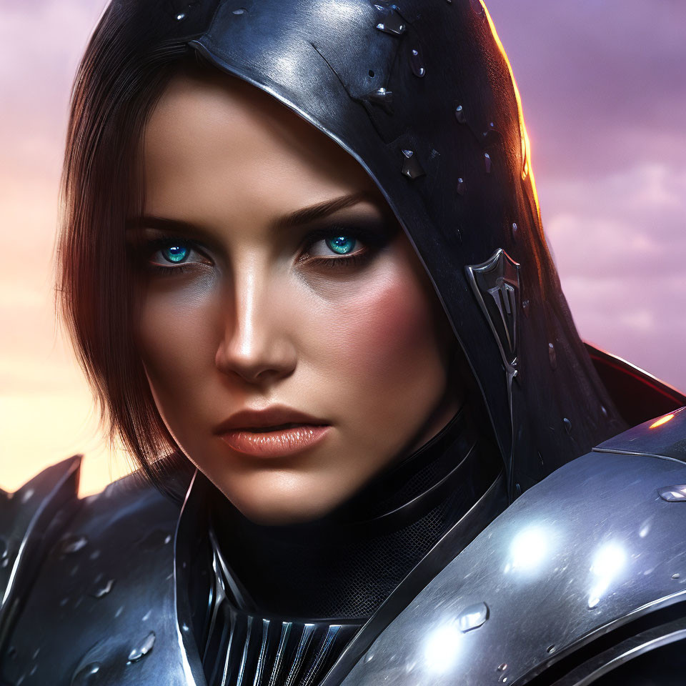 Striking blue eyes in glossy metallic knight's armor