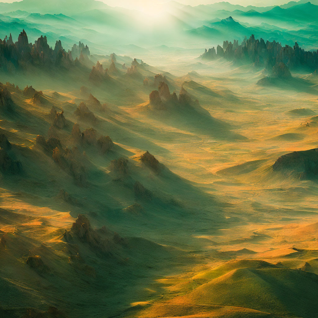 Golden sunrise over rugged hilly landscape with dramatic rocky formations