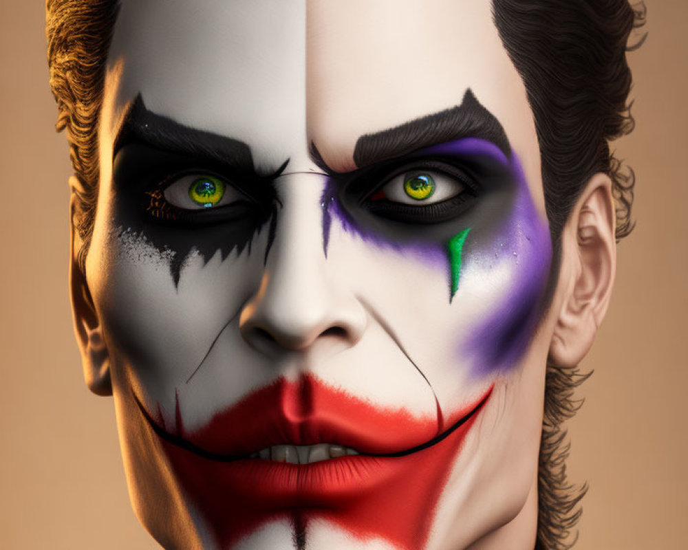 Half-face Joker digital artwork with green hair and clown makeup