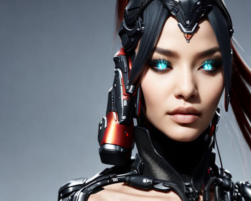 Cybernetic Woman Artwork with Glowing Blue Eyes and Armor
