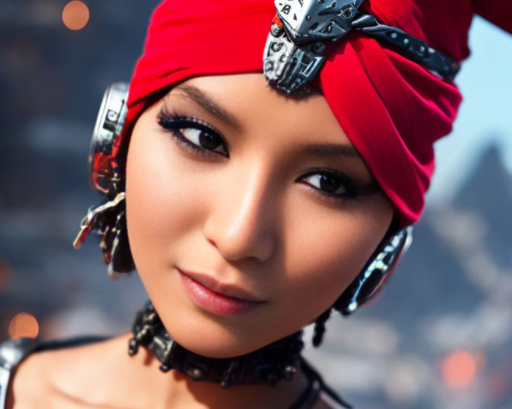 Portrait of woman with cybernetic enhancements in red headscarf and futuristic earrings against urban backdrop.