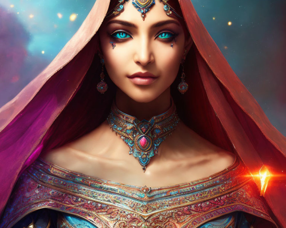 Portrait of a woman with blue eyes in ornate attire against cosmic backdrop