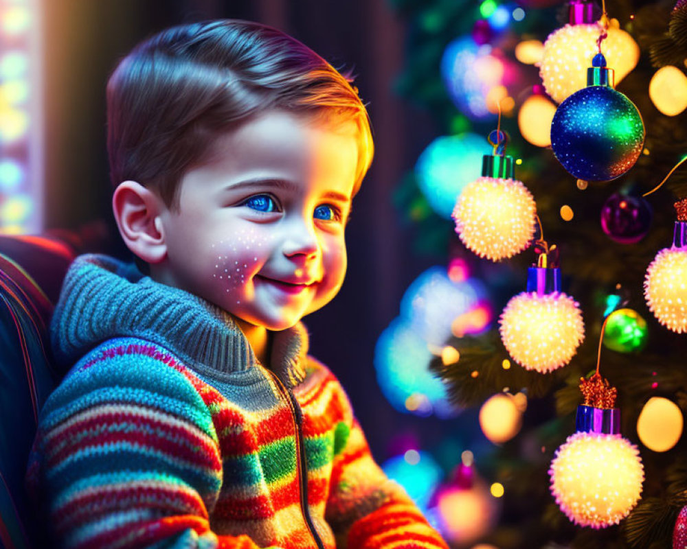 Young boy in colorful sweater admiring Christmas tree with glowing ornaments