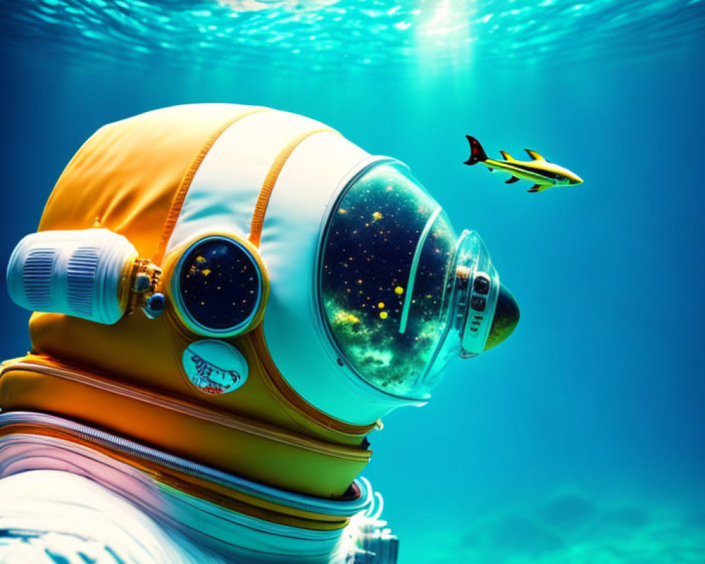 Astronaut in white space suit underwater with fish and light streaming in