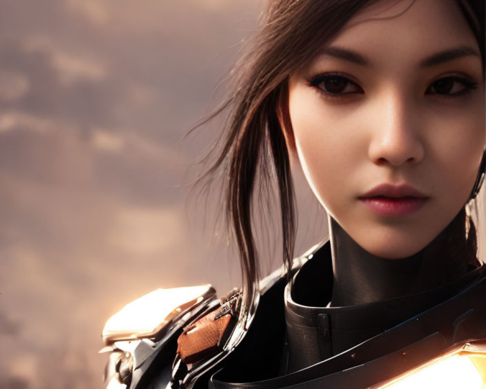 Digital artwork of woman in futuristic armor with black hair against sunset sky