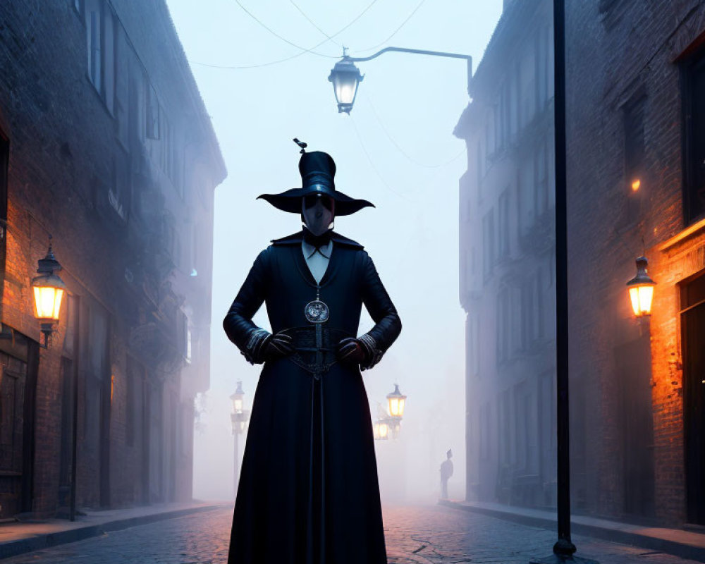 Misty cobblestone alley scene with plague doctor and crow