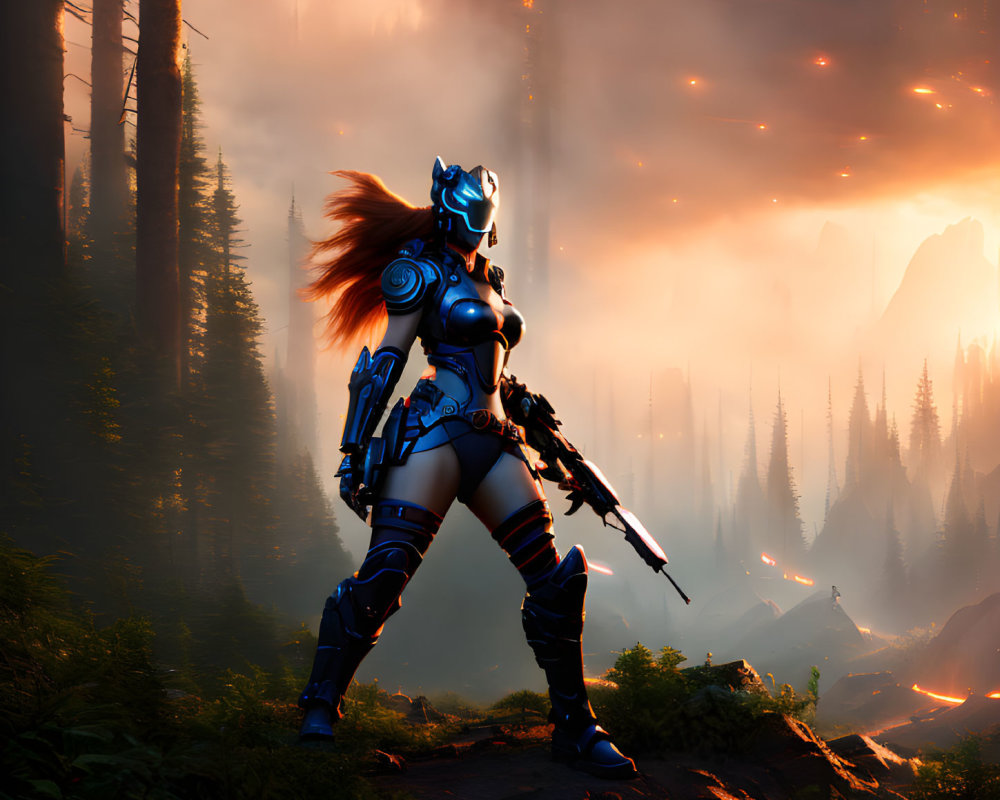Futuristic warrior in blue armor with glowing rifle in forest at sunset