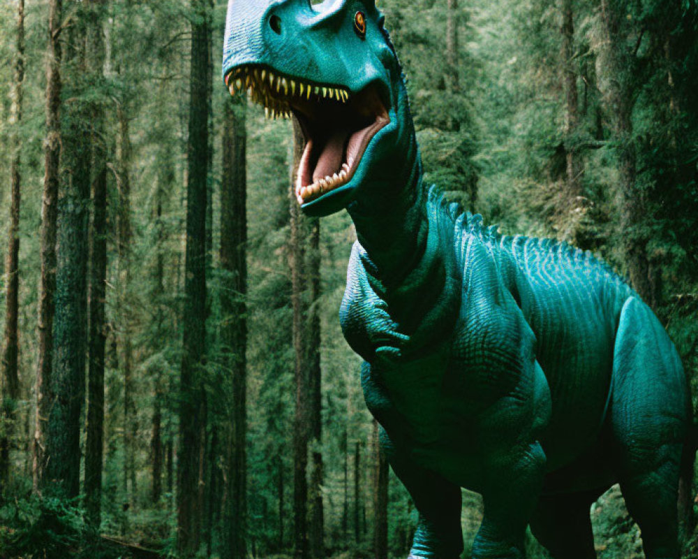 Realistic Tyrannosaurus Rex model in dense forest with mist.