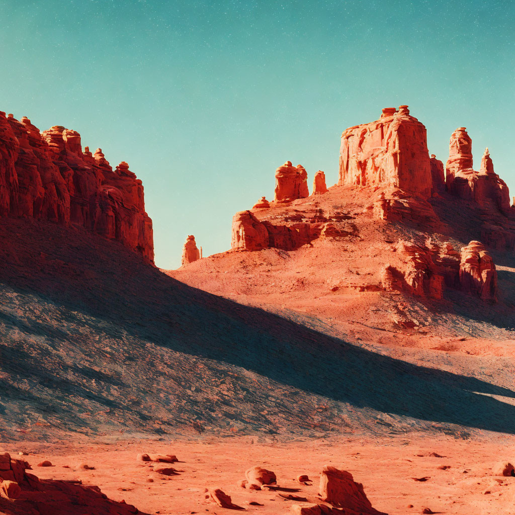 Red and Teal Tinted Desert Rock Formations Under Clear Sky