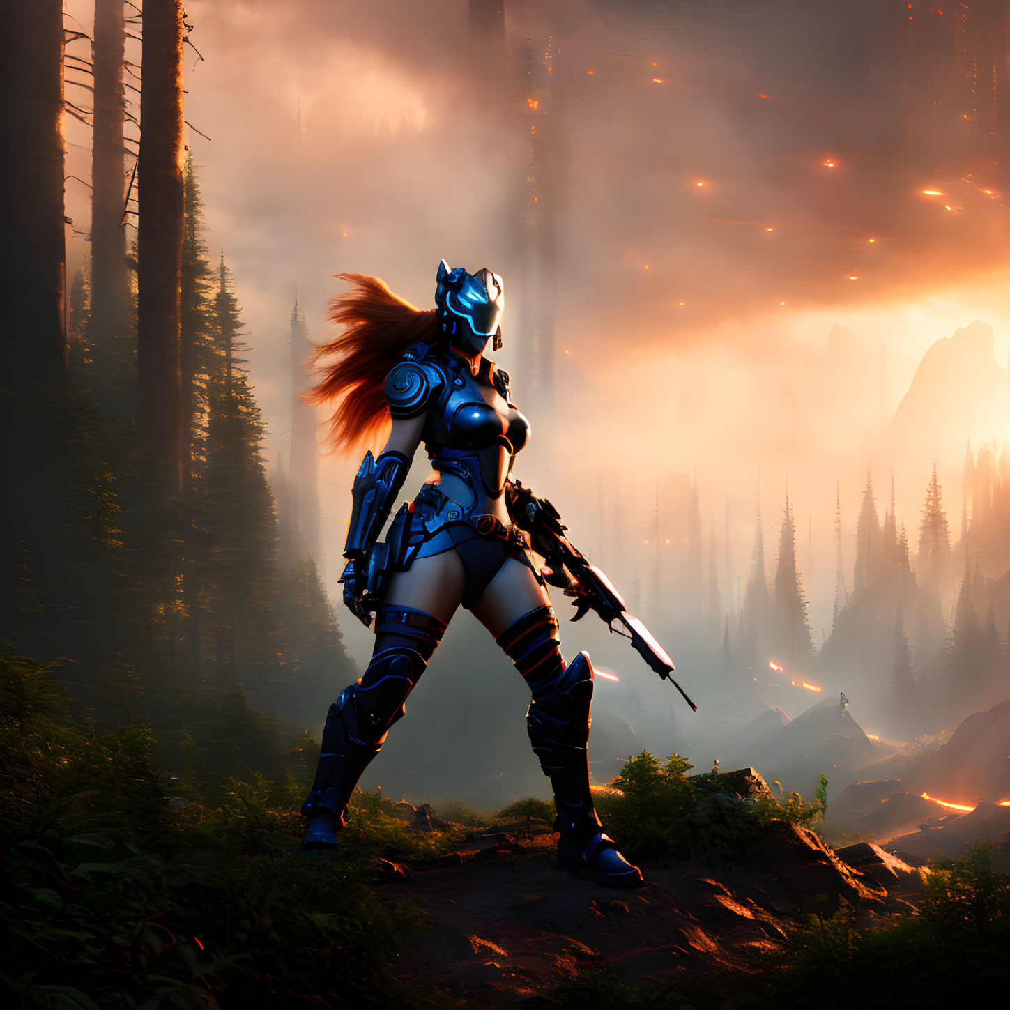 Futuristic warrior in blue armor with glowing rifle in forest at sunset