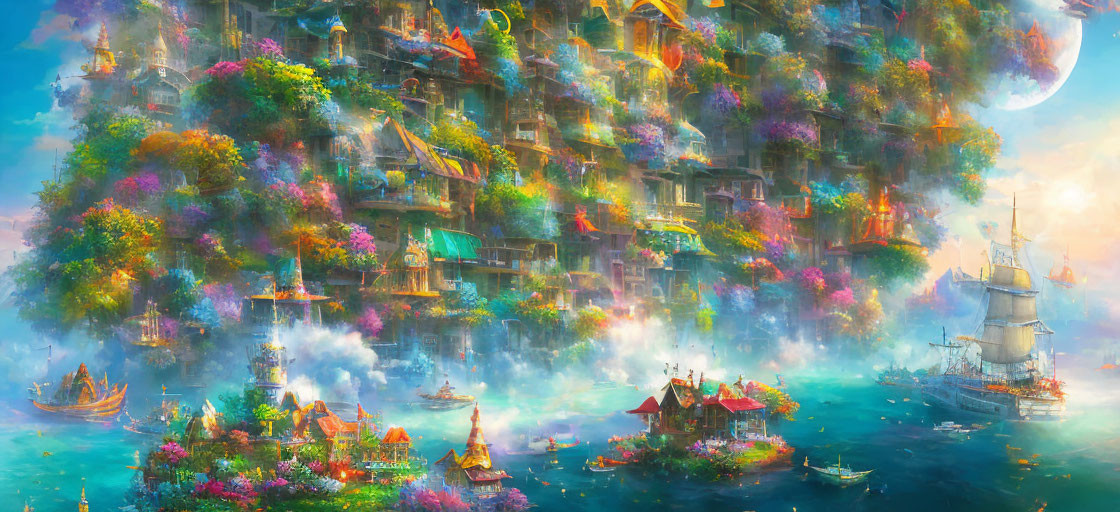 Colorful Fantasy Cityscape with Moonlit Dreamlike Atmosphere