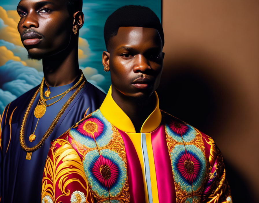Two men in vibrant shirts and gold necklaces posing confidently