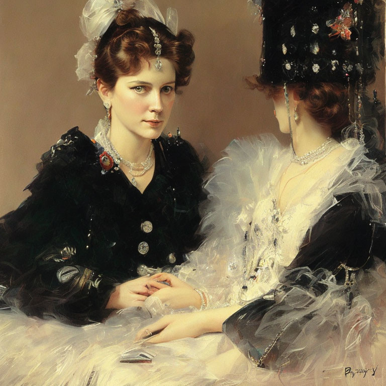 Elegant painting of two women in pearls and lace in dimly lit setting