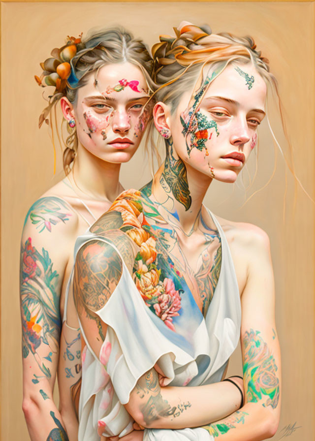 Two women with elaborate tattoos and vibrant floral makeup in sheer white fabric.