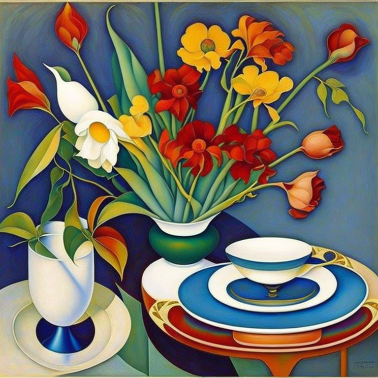 Colorful Flower Bouquet Painting with Cup and Saucer on Table