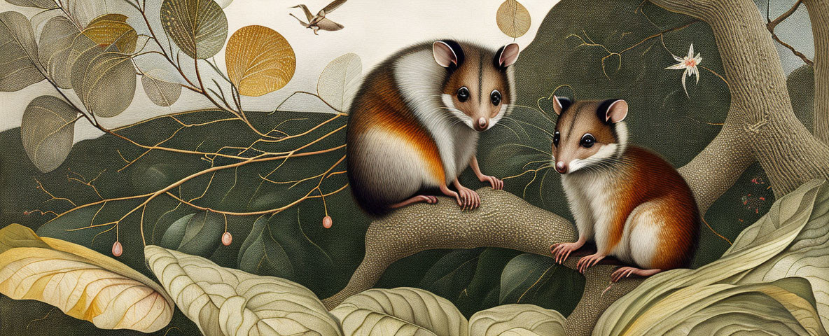 Illustration of two garden dormice on branch with green leaves and white flower