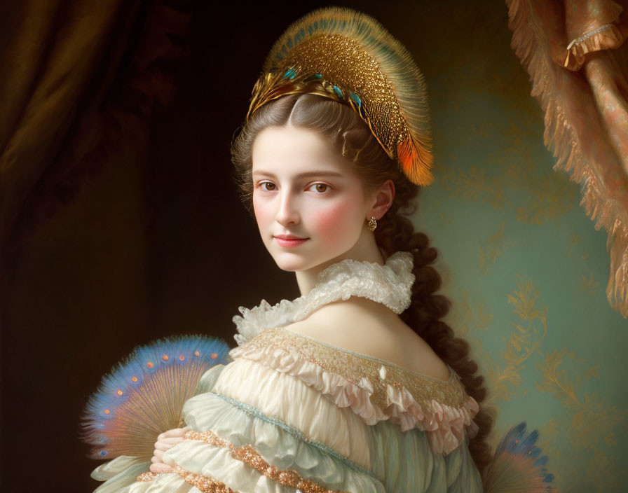 Classical portrait of young woman in intricate gold headpiece and frilled pale dress