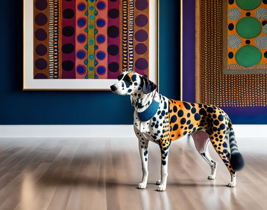 Colorful Dalmatian with painted spots in art gallery scene