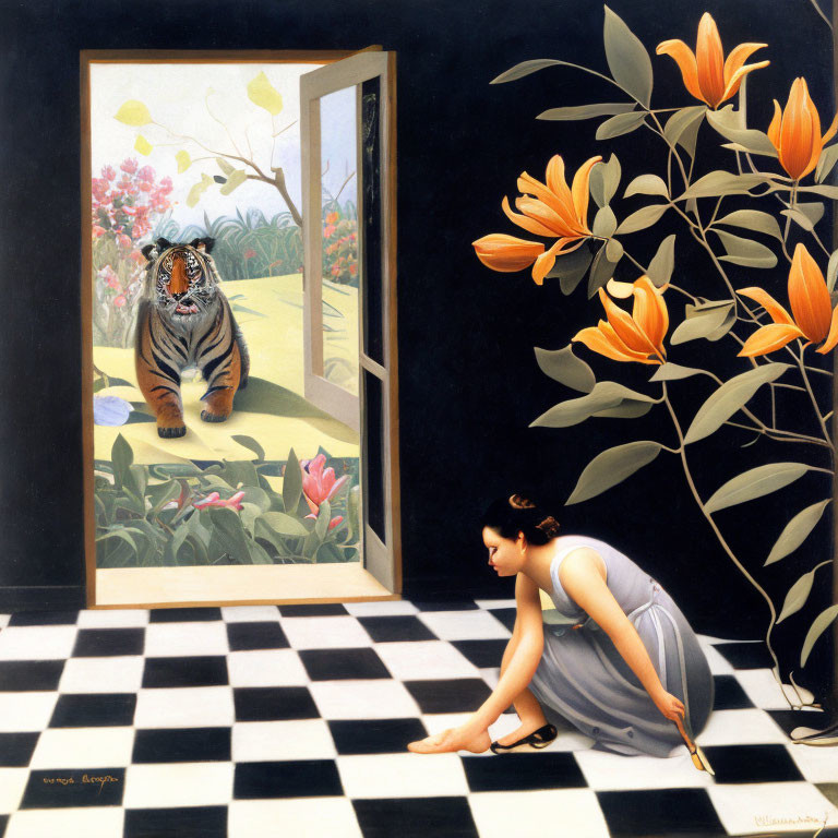 Woman crouching inside room gazes at tiger in colorful garden.