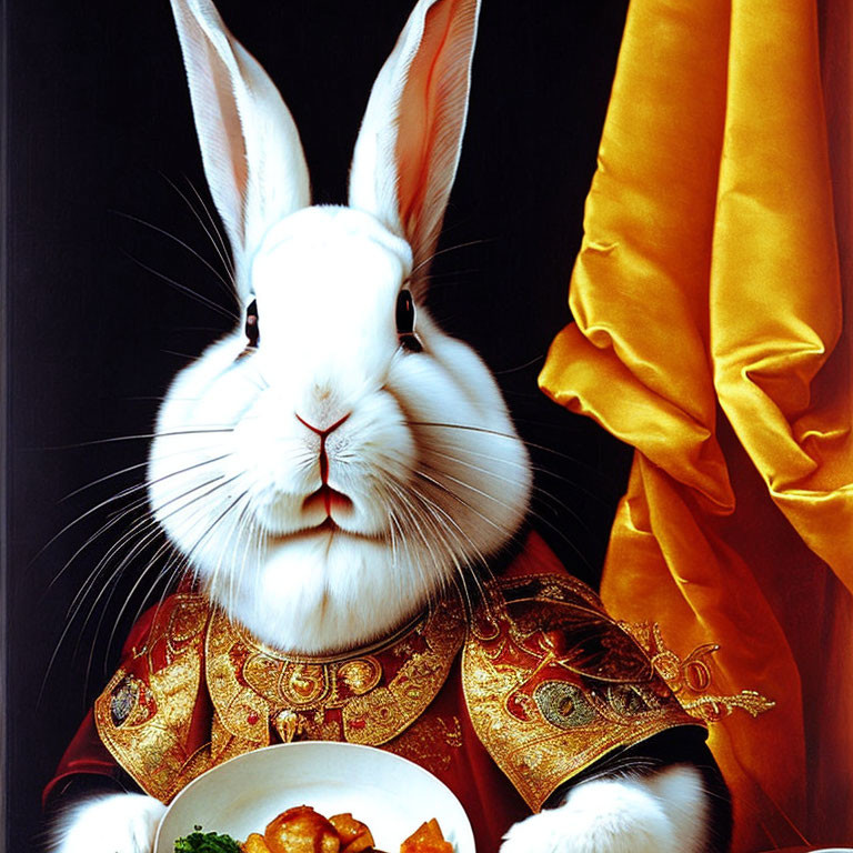 Regal white rabbit in gold-embroidered costume with food plate, black backdrop.