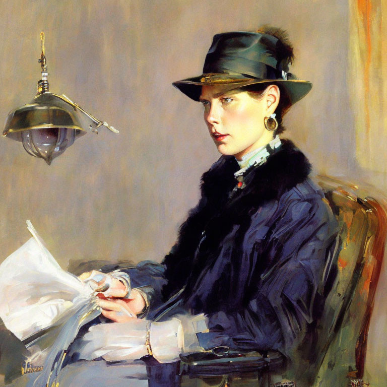 Stylish woman in black jacket and hat reading, vintage pendant lamp in background