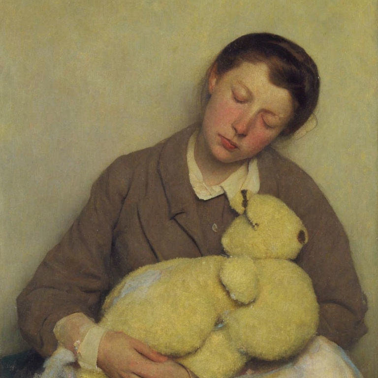 Young girl with closed eyes holding yellow stuffed toy in peaceful setting