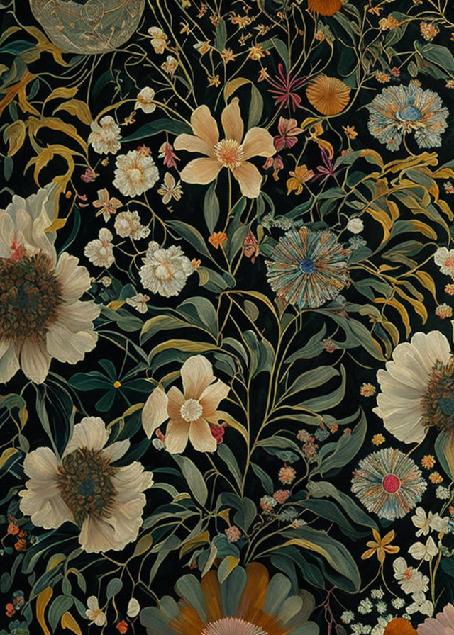 Detailed Botanical Illustration of Various Flowers and Plants on Dark Background