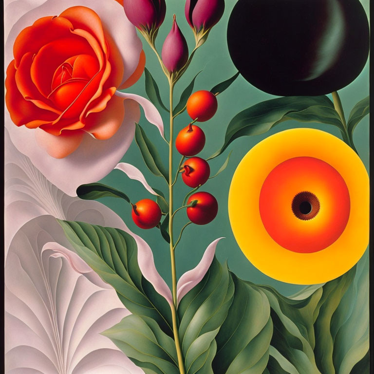 Surrealist painting with red rose, berries, eye-like disc, and green foliage