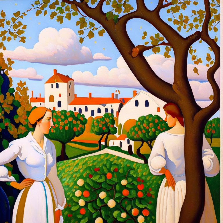Vibrant painting of two women in traditional attire in rural setting