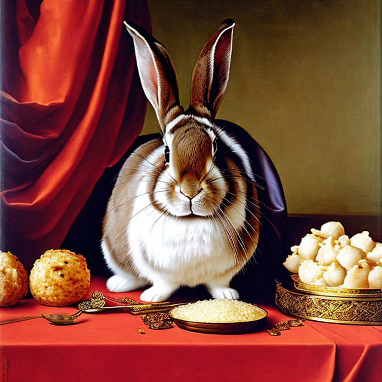 Realistic painting: Rabbit at table with rich fabrics, gold watch, intricate treats