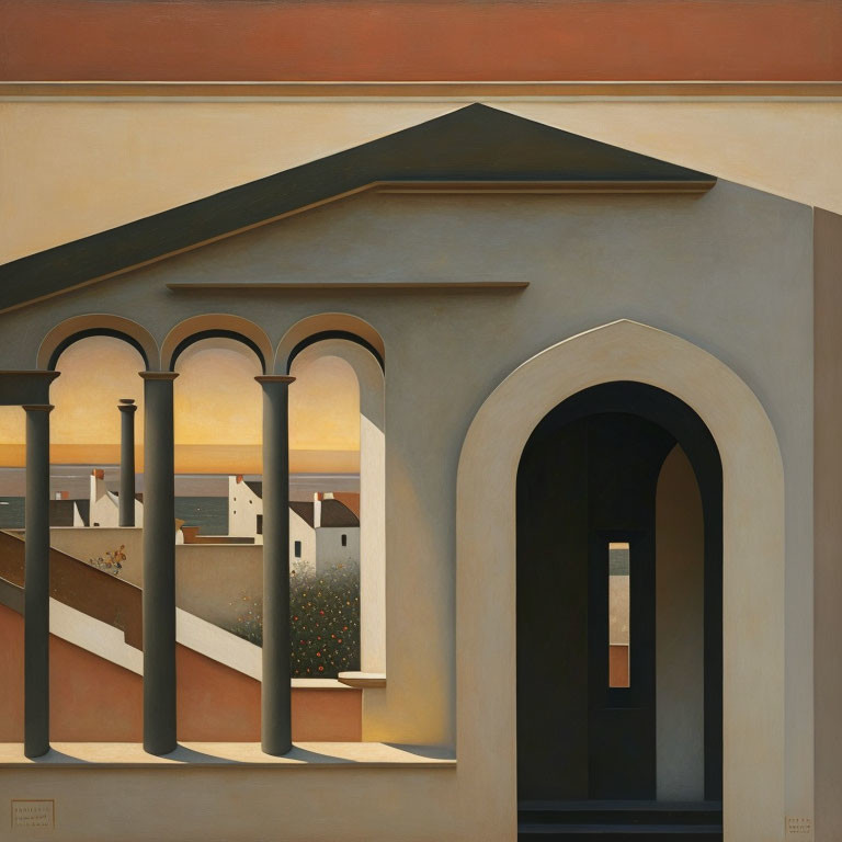 Architectural painting with arched doorways and columns.
