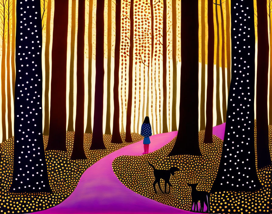Colorful Artwork: Person and Dog on Purple Path in Vibrant Forest