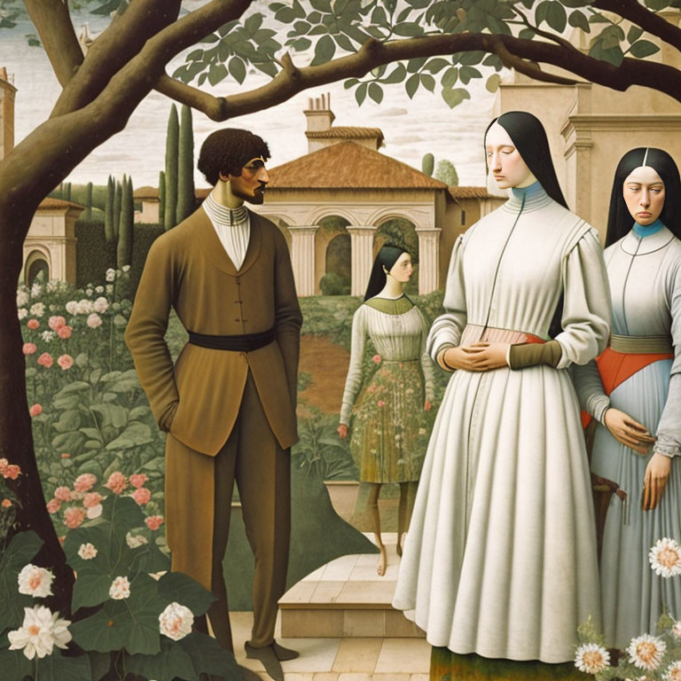 Vintage-style painting of three figures in old-fashioned clothing standing in a garden