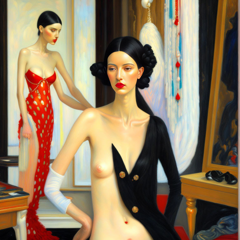 Surrealist-style painting featuring two women in elegant room